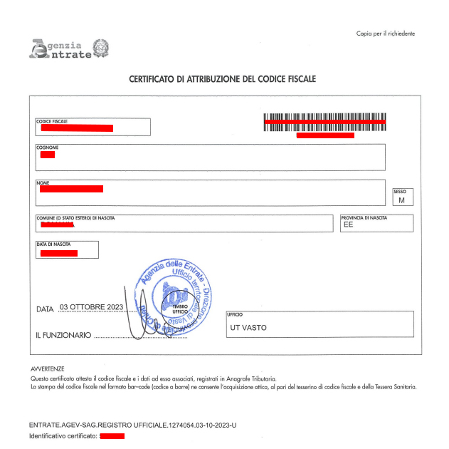 Italian Tax Code Attribution Certificate